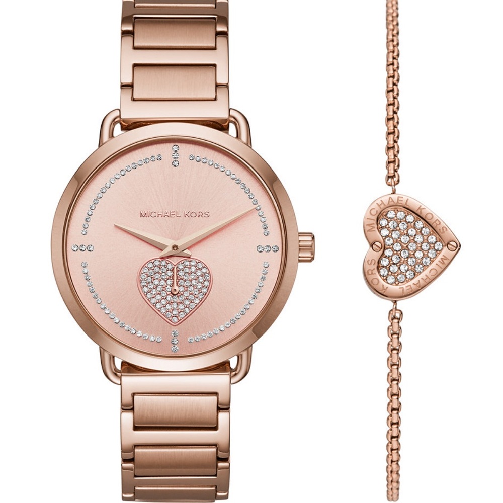 BNWT MICHAEL KORS “PORTIA” HEART WATCH & MATCHING BRACELET SET